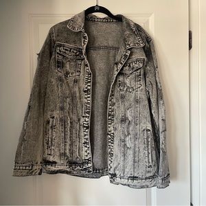 Boutique gray black distressed denim jacket size large